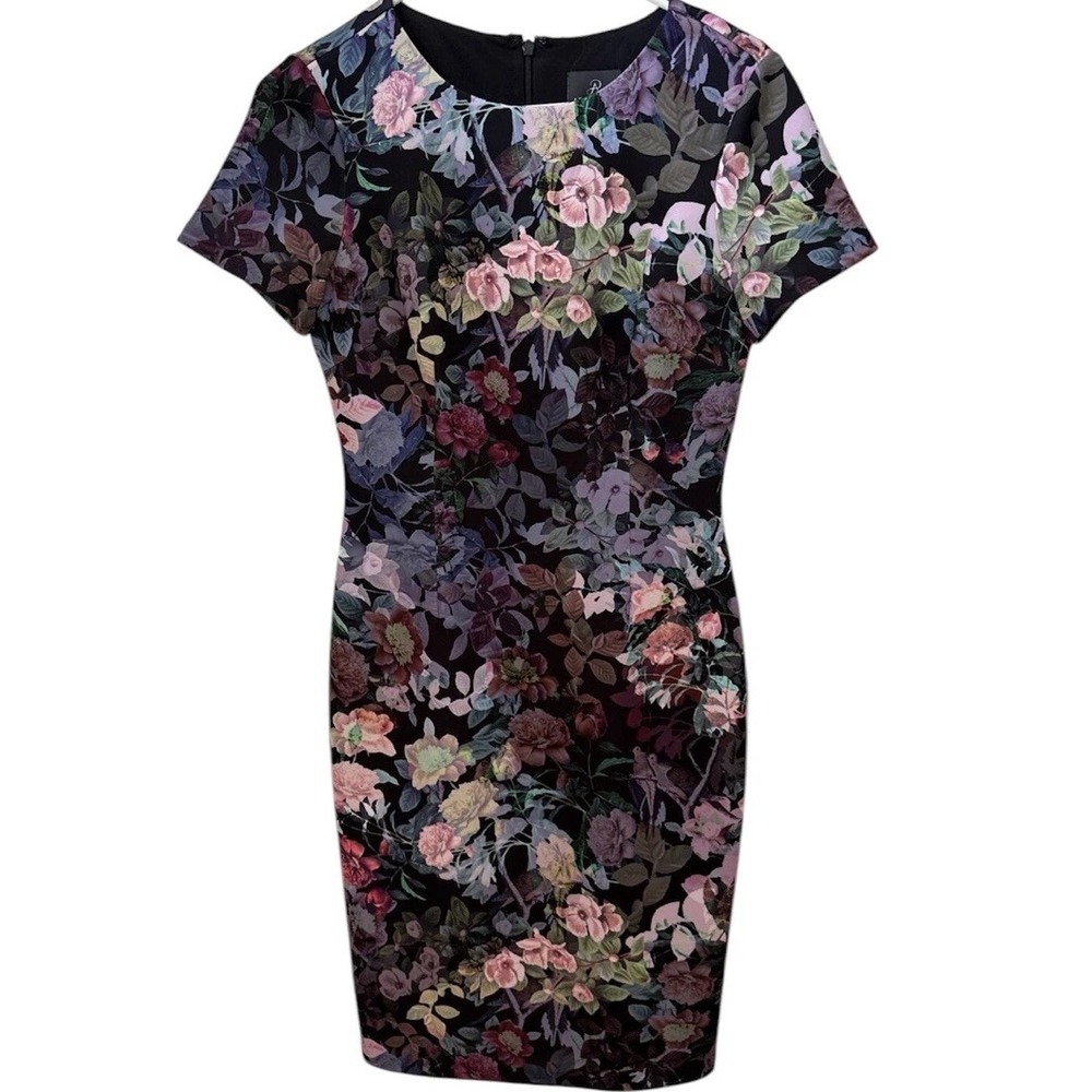 Adrianna Papell Black Multicolor‎ Floral Sheath Short Sleeve Dress Women's 2